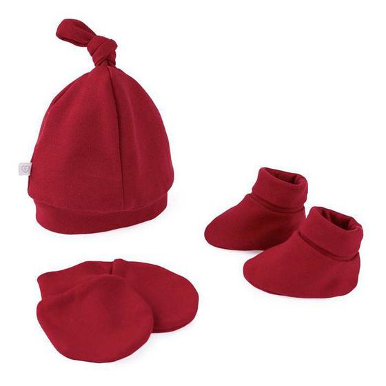 Imagem de Kit Luvinhas Pantufas e Touca Vermelho Malha