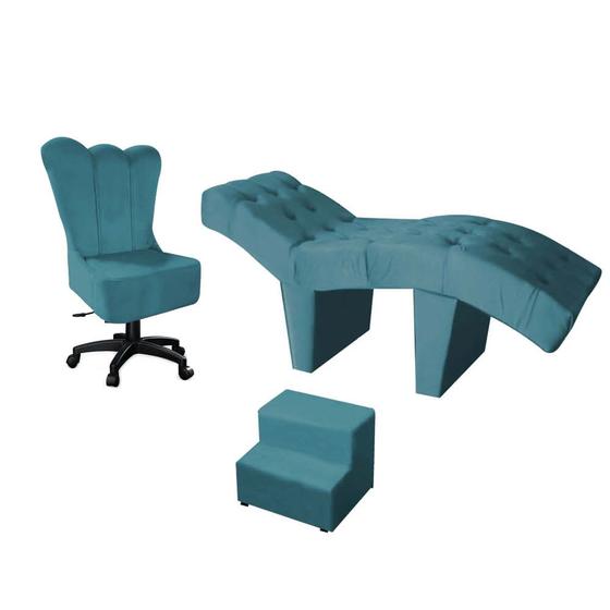 Imagem de Kit Maca Estética 60cm Com Cadeira Mocho Giratória e Escadinha Cílios Maquiagem Suede Azul Turquesa - D house Decor