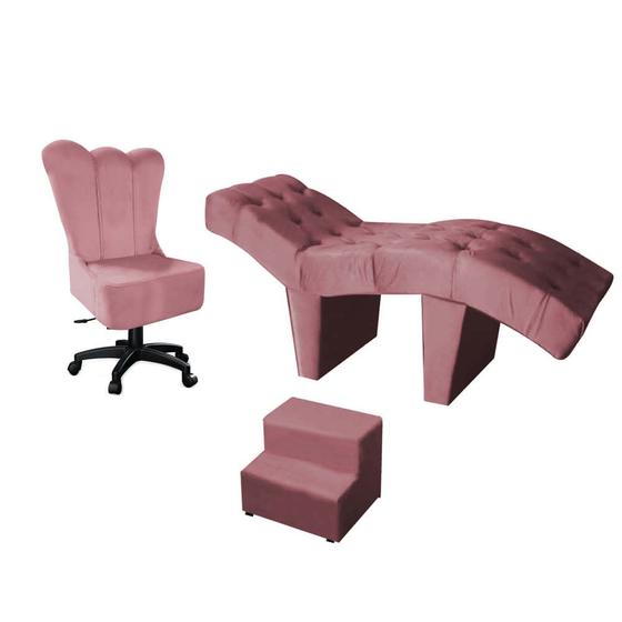 Imagem de Kit Maca Estética 60cm Com Cadeira Mocho Giratória e Escadinha Cílios Maquiagem Suede Rose Gold - D house Decor