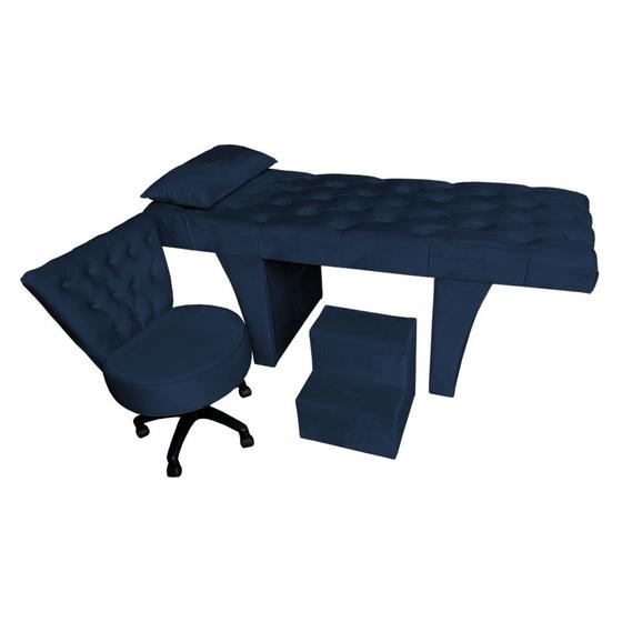Imagem de Kit Maca Reta Capitonê 0,60m Sophia com Mocho Base Giratória e Escada Veludo Azul Marinho - Pallazio