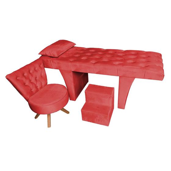 Imagem de Kit Maca Reta Capitonê 0,60m Sophia com Mocho Base Madeira e Escada Veludo Vermelho - Pallazio