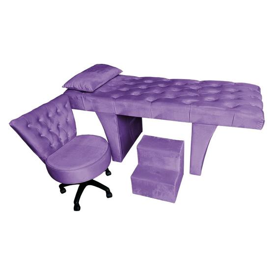 Imagem de Kit Maca Reta Capitonê 0,70m Sophia com Mocho Base Giratória e Escada Veludo Roxo - Pallazio