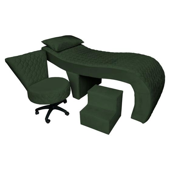 Imagem de Kit Maca Reta Capitonê 0,70m Sophia com Mocho Base Giratória e Escada Veludo Verde - Pallazio