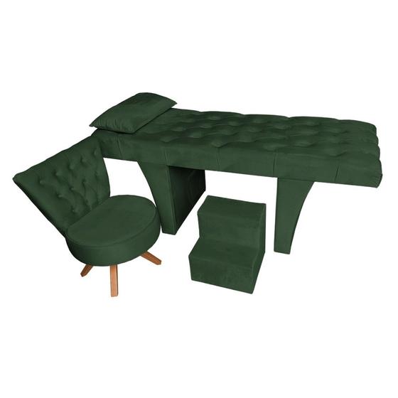 Imagem de Kit Maca Reta Capitonê 0,70m Sophia com Mocho Base Madeira e Escada Veludo Verde - Pallazio