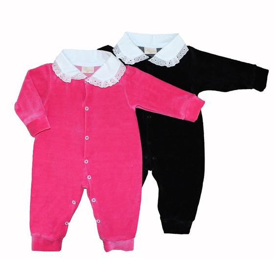 Imagem de Kit Macacão Longo de Bebê Charmosa Pink e Preto Plush 2 Peças