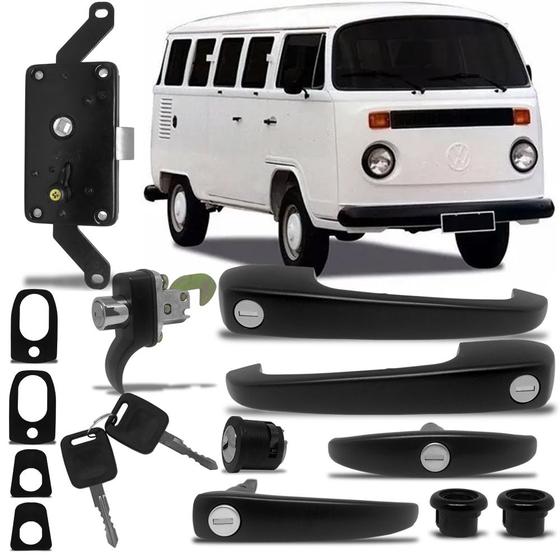 Imagem de Kit Maçaneta Preta C/ Guarnição Cilindro Ignição Fechadura Porta Lateral Meio Centro Kombi Clipper