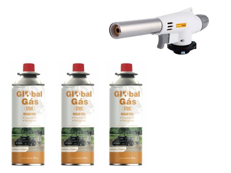Imagem de Kit maçarico automático portátil pro branco gourmet com controle de chama + 3 recargas de gás