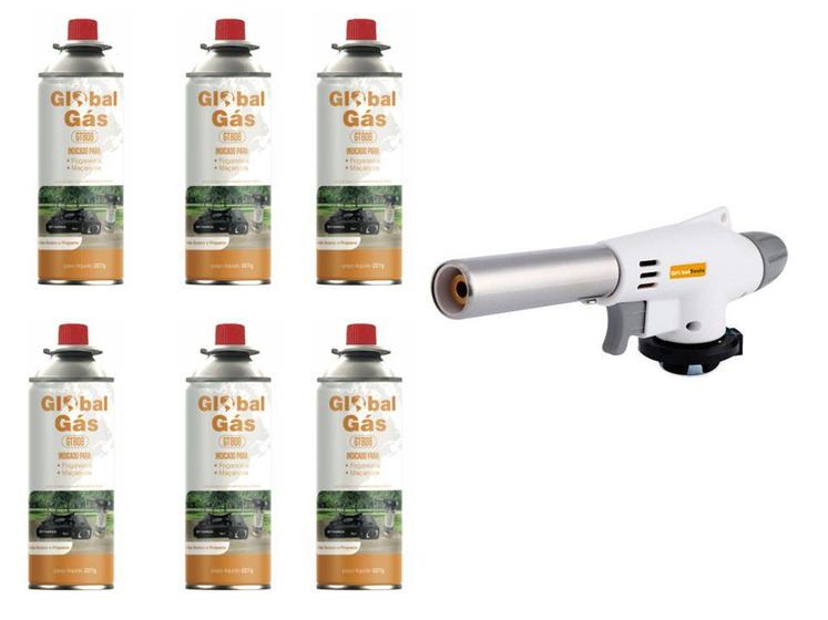 Imagem de Kit Maçarico Automático Portátil Pro Branco Gourmet Com Controle de Chama + 6 Recargas de Gás - Glob