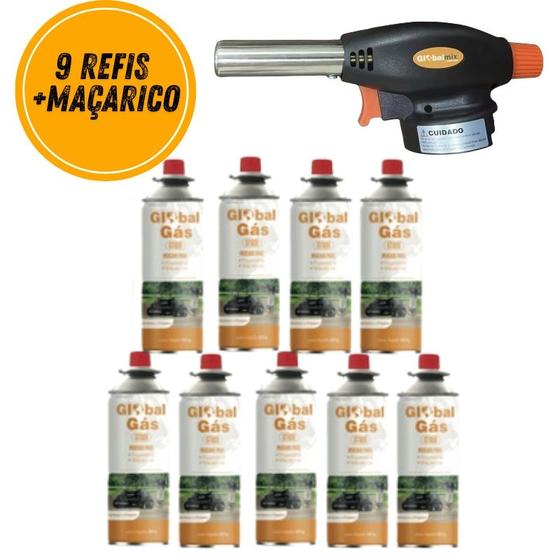 Imagem de Kit maçarico culinário automático controle chama + 9 refil gás butano globalmix solda artesanato