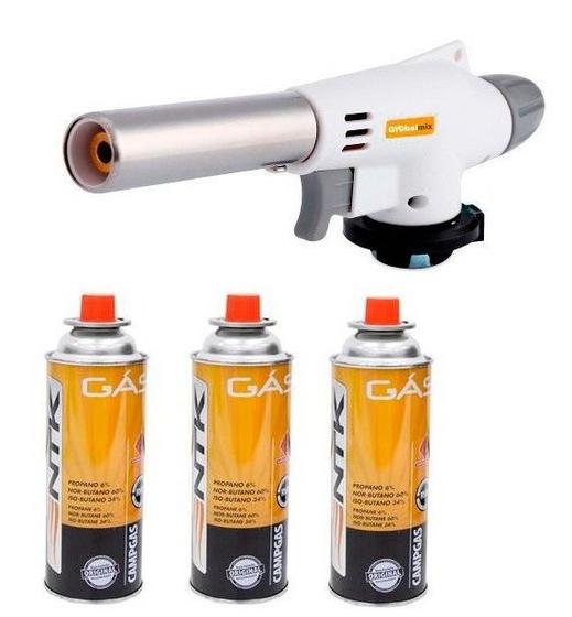 Kit macarico gourmet branco com controle de chama gt6020 + 3 recargas campgás Menor preço em Kit macarico gourmet branco com controle de chama gt6020 + 3 recargas campgás