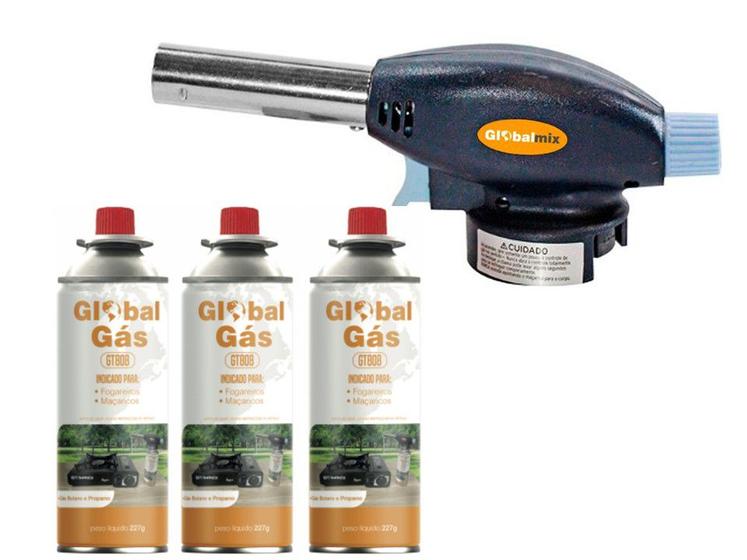 Imagem de Kit maçarico portatil com controle de chama - gt6019 + 3 recargas de gas cozinha solda  artesanato