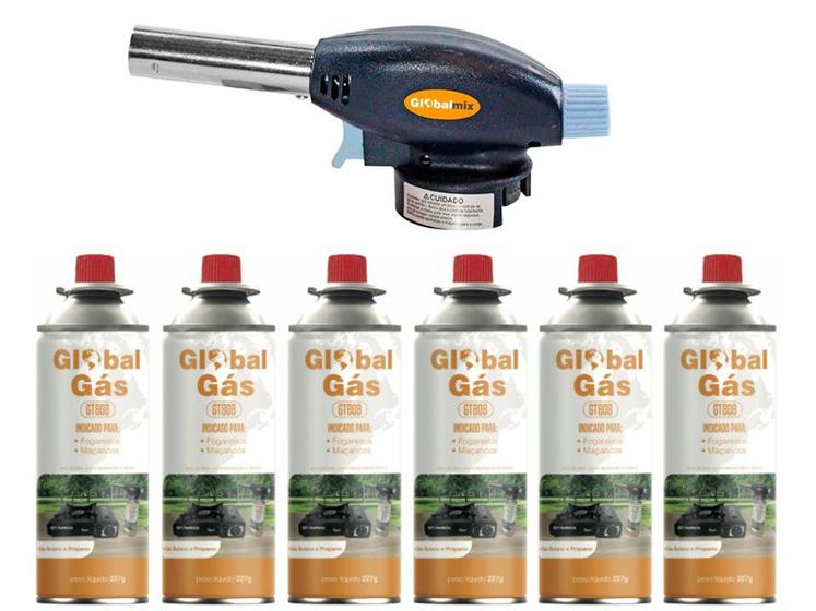 Imagem de Kit maçarico portatil com controle de chama - gt6019 + 6 recargas de gas cozinha solda  artesanato