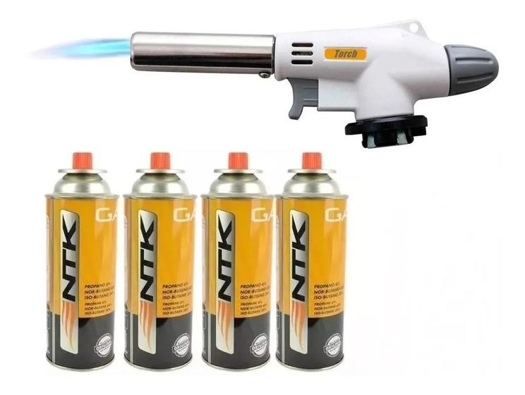 Imagem de Kit Maçarico Portátil Culinário Acendimento Automático Controle de Chama + 4 Refis 227g