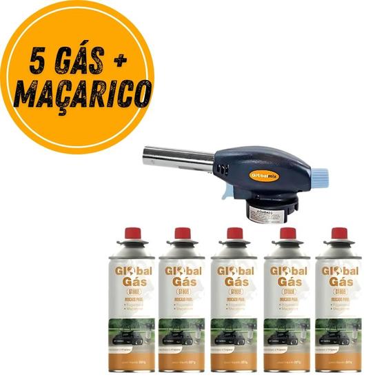 Imagem de Kit maçarico portatil culinário controle de chama  + 5 refil gás butano globalmix solda  artesanato