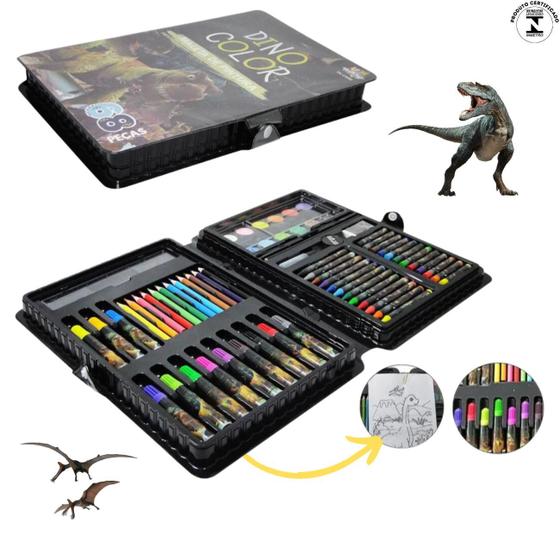 Imagem de Kit Maleta de Pintura Estojo Dinossauro Jurassic Park Desenhar Pintar - Completo 68 Peças Escolar