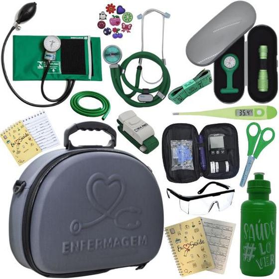 Imagem de Kit Maleta Enfermagem Aparelho de Pressão Estetoscópio Aneroide Medidor de Glicose Premium