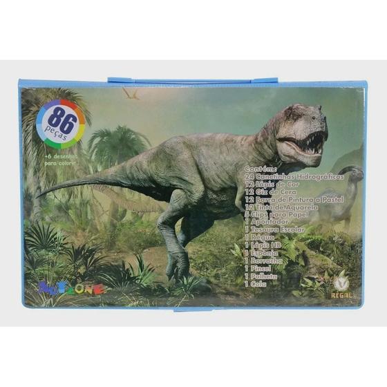 Imagem de Kit Maleta Escolar Dinossauro Com 86 pçs Canetinhas Coloridas