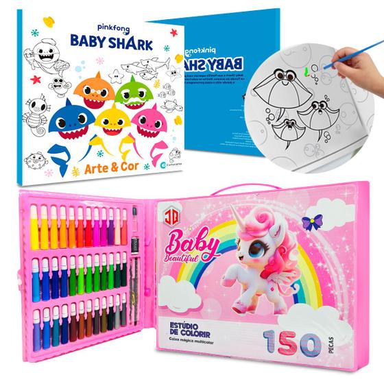 Imagem de Kit Maleta Estojo Pintura 150 Peças e Livro BabyShark Desenhos P/Colorir Infantil Personagem Pinkfong