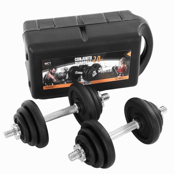 Imagem de Kit Maleta Halteres Completa 20Kg Barra Anilha Dumbbell WCT