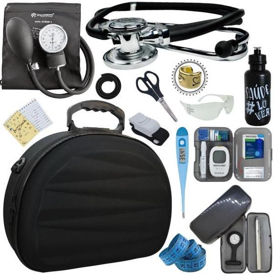Kit Maleta Nova Aparelho de Pressão Aneroide Esteto Esfigmomanometro Medidor de Glicose Incoterm Imagem de Kit Maleta Nova Aparelho de Pressão Aneroide Esteto Esfigmomanometro Medidor de Glicose Incoterm