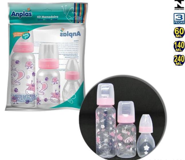 Imagem de Kit Mamadeira 240 Ml 140 Ml E 60 Ml Color Rosa - ANPLAS