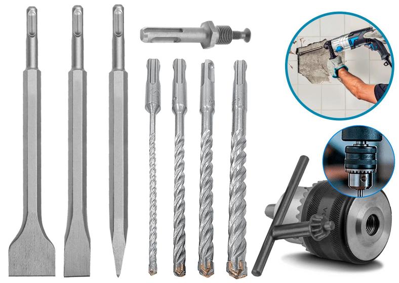 Imagem de Kit Mandril, 04 Brocas, 2 Talhadeira E Ponteiro Para Martelete + Adaptador Sds Plus
