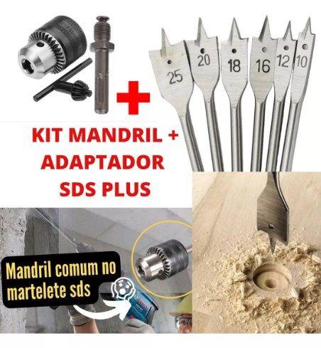 Imagem de Kit Mandril + Adaptador Sds Plus + Kit Brocas Chatas Madeira