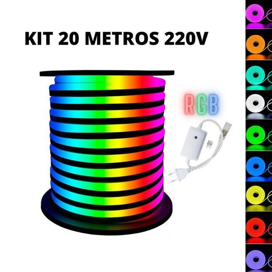Imagem de KIT Mangueira Fita LED Neon Flex RGB 20 Metros + Rabicho 8 Efeitos 220V
