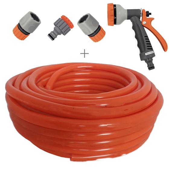 Imagem de Kit mangueira siliconada 30m resistente ao sol para jardim laranja com esguicho 6 jatos e engate rapido tramontina