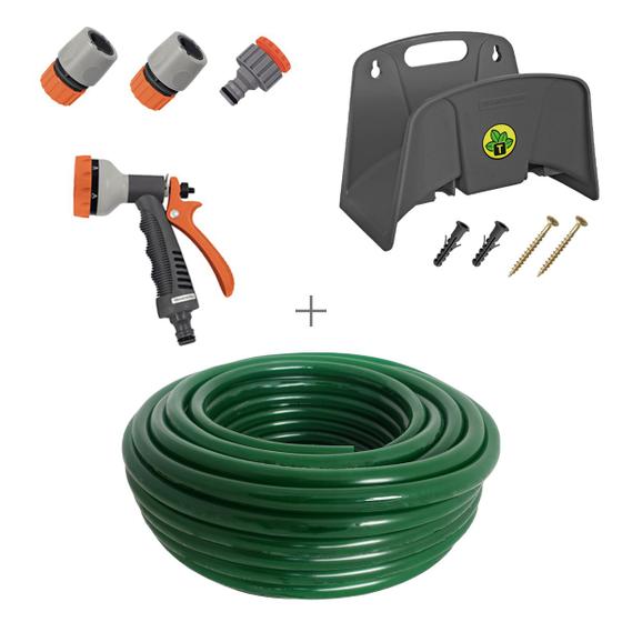 Imagem de Kit mangueira siliconada 50m para jardim verde com esguicho 6 jatos e engate rapido e suporte tramontina 