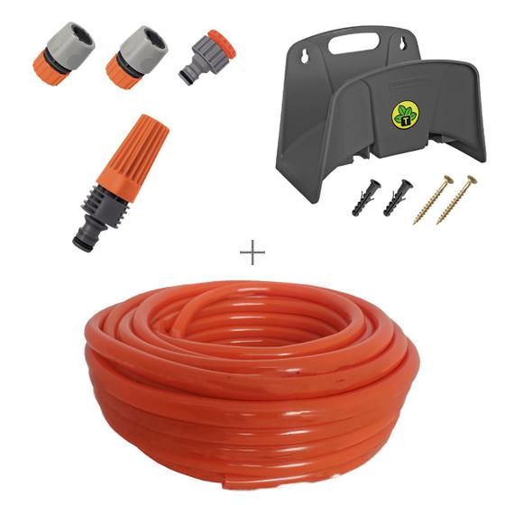 Imagem de Kit mangueira siliconada para jardim laranja 30m com esguicho e engate rapido e suporte tramontina 