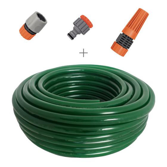 Imagem de Kit mangueira siliconada para jardim verde 25m com engate rapido e esguicho rosqueavel tramontina