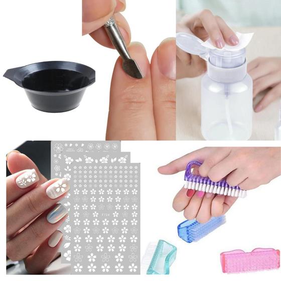 Imagem de Kit Manicure 6 Peças Escova Espatula Porta Acetona Pote