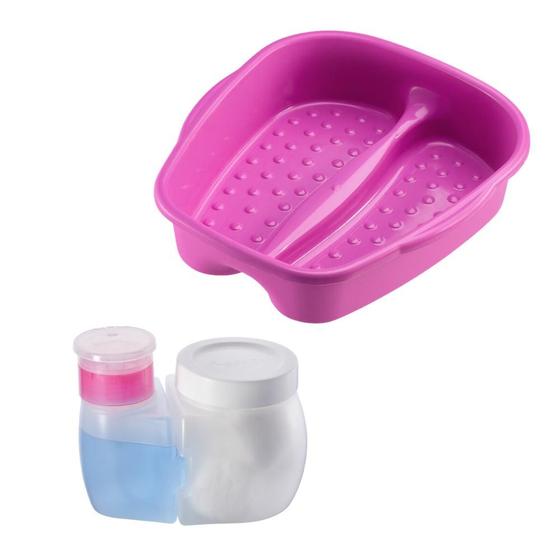 Imagem de Kit Manicure e Pedicure Porta Acetona e Algodão + Bacia Pés Salão de Beleza Cores Dompel - Rosa