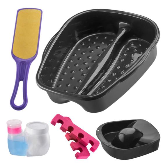 Imagem de Kit Manicure Pedicure Completo Tigela mão + Bacia Pés + Lixa + Separador Porta acetona e algodão Dompel - Preto
