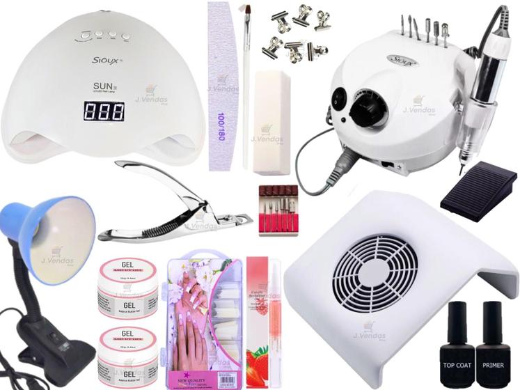 Imagem de Kit Manicure Unha Gel Fibra Vidro Lixa Cabine Lixadeira Elétrica Porquinho Sugador Aspirador Coletor Luminária  