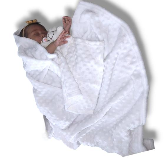 Imagem de Kit manta pipoquinha branca + naninha lisa com bolinha para bebê prendedor de chupeta