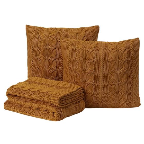 Imagem de Kit Manta Sofá Cama Queen + 2 Capas 45X45 Viena Mostarda
