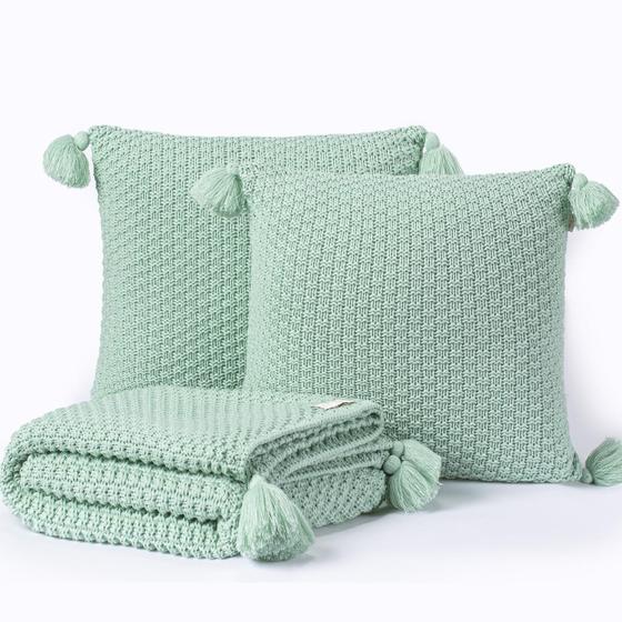 Imagem de Kit Manta Sofa Sala Cama Queen 230X90 + 2 Capas 45X45 Menta