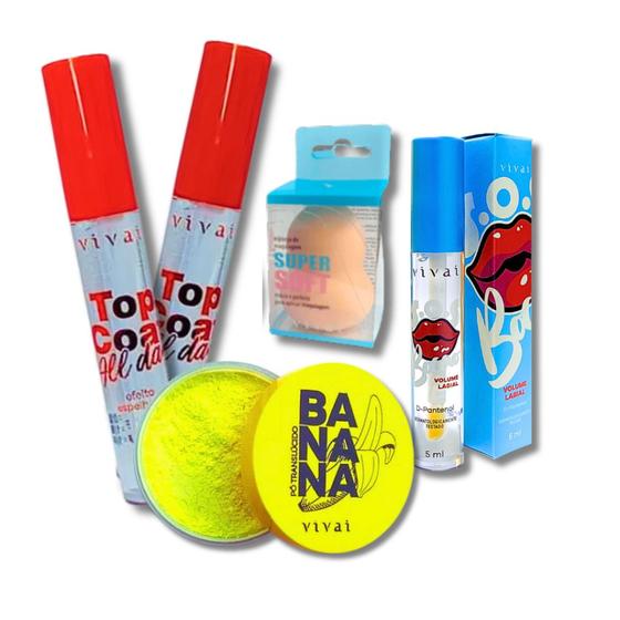 Imagem de Kit Maquiagem 3 Gloss labial Pó Banana Esponja Maquiagem Vivai