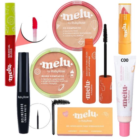 Imagem de Kit Maquiagem Melu by Ruby Rose Base Pó Máscara para Cílios Delineador Balm Labial Gloss