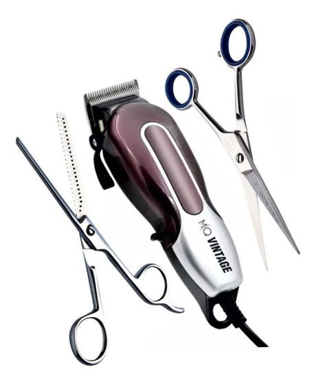 Kit maquina corte vintage 220v + tesouras desfiadeira e navalha marco