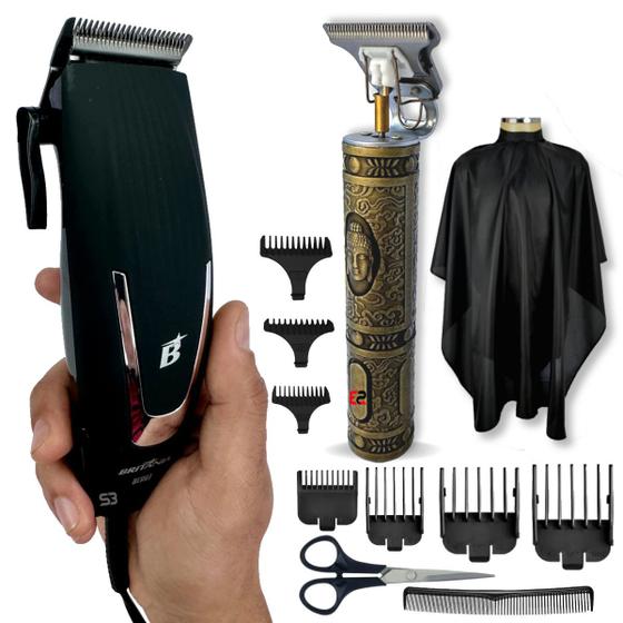 Imagem de Kit máquina de cortar cabelo e barba e capa e aparador pelos