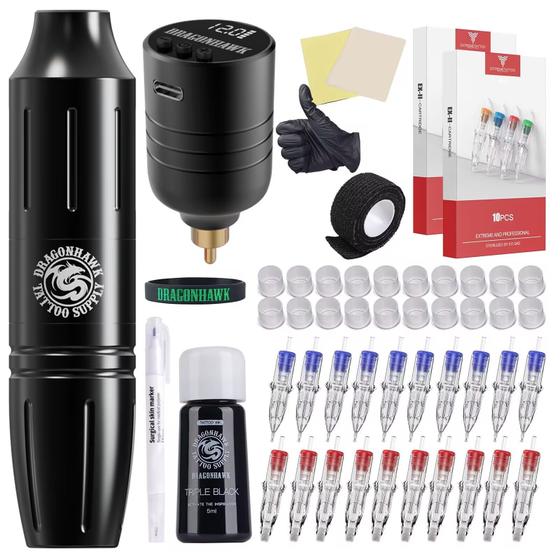 Imagem de Kit Máquina de Tatuagem Dragonhawk W085D Sem Fio com Bateria