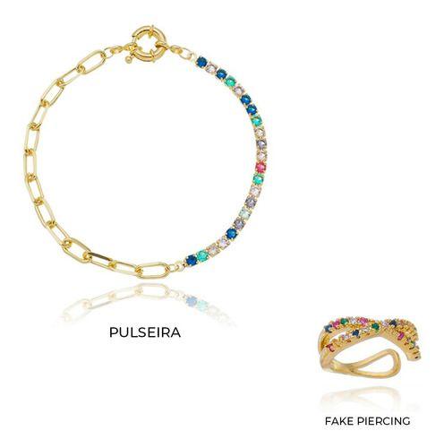 Imagem de Kit Mara - Pulseira Riviera Colorida + Fake Piercing Banhado em Ouro 18k