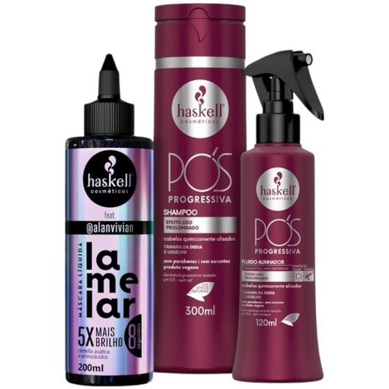 Imagem de Kit Máscara Líquida Lamelar + Fluído 120ml + Shampoo Pós Progressiva 300ml Haskell