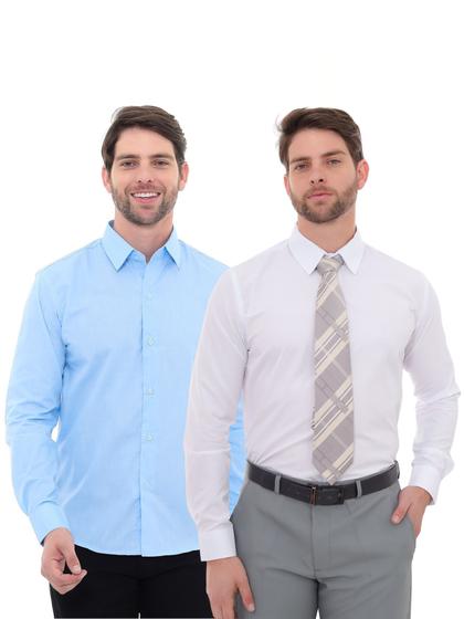 Imagem de KIT Masculino 2 Peças - Camisa Social Premium Tipo Linho Azul Claro e  Camisa Social Slim Branca