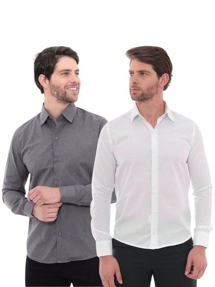 Imagem de KIT Masculino 2 Peças - Camisa Social Premium Tipo Linho Chumbo e  Camisa Social Slim Branca