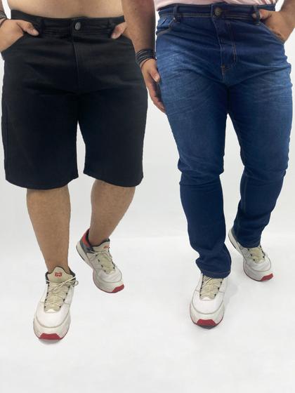 Imagem de  KIT Masculino 2 Peças Plus Size - Bermuda Jeans Preto e Calça Jeans Simples com Detalhe de Risco