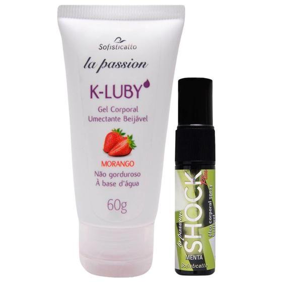 Imagem de Kit Massagem e Conforto Íntimo: K-LUBY Lubrificante Beijável Morango + Óleo Spray Shock Plus Menta